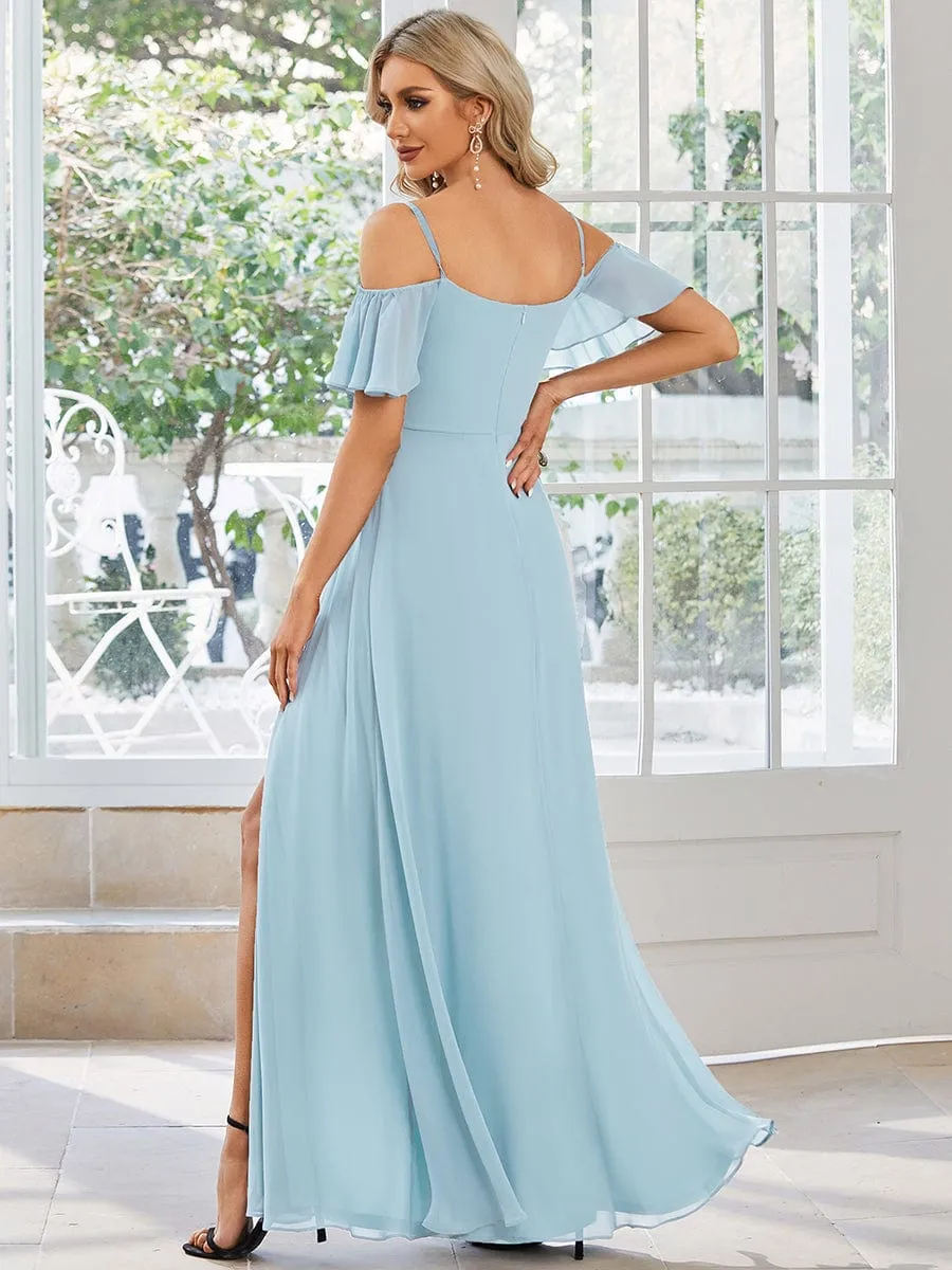 Stylish Cold Shoulder Flare Sleeves Flowy Bridesmaid Dress