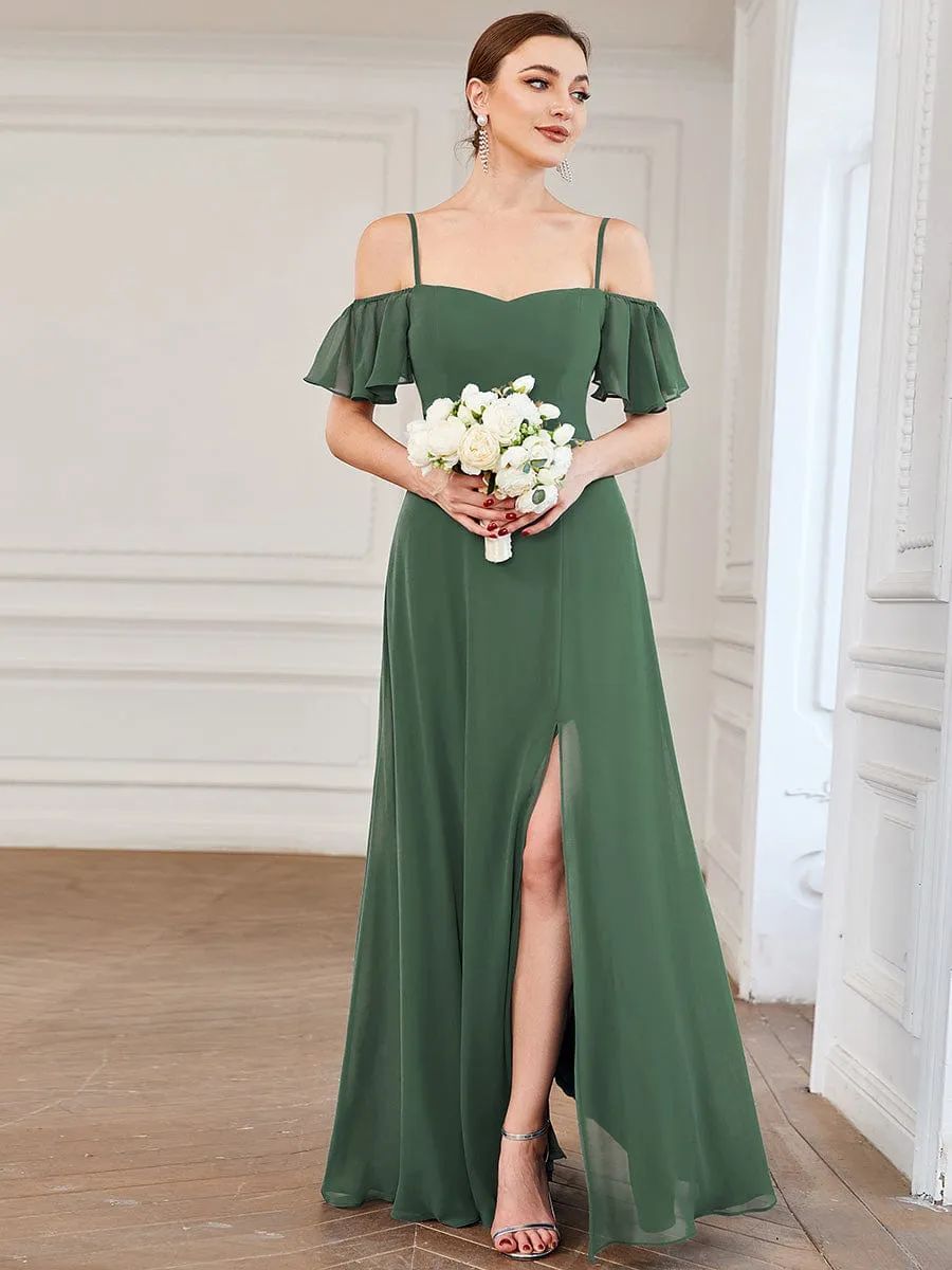 Stylish Cold Shoulder Flare Sleeves Flowy Bridesmaid Dress