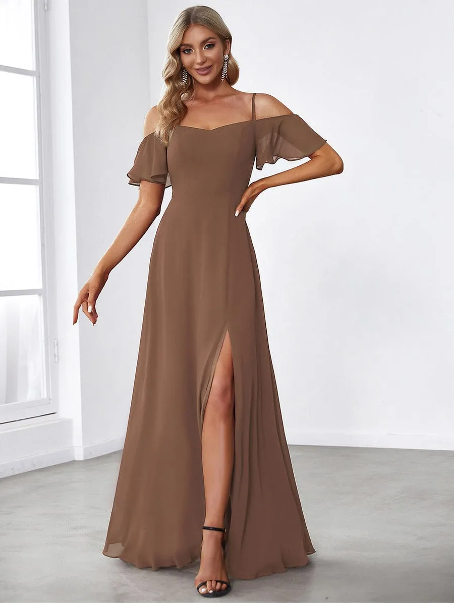 Stylish Cold Shoulder Flare Sleeves Flowy Bridesmaid Dress