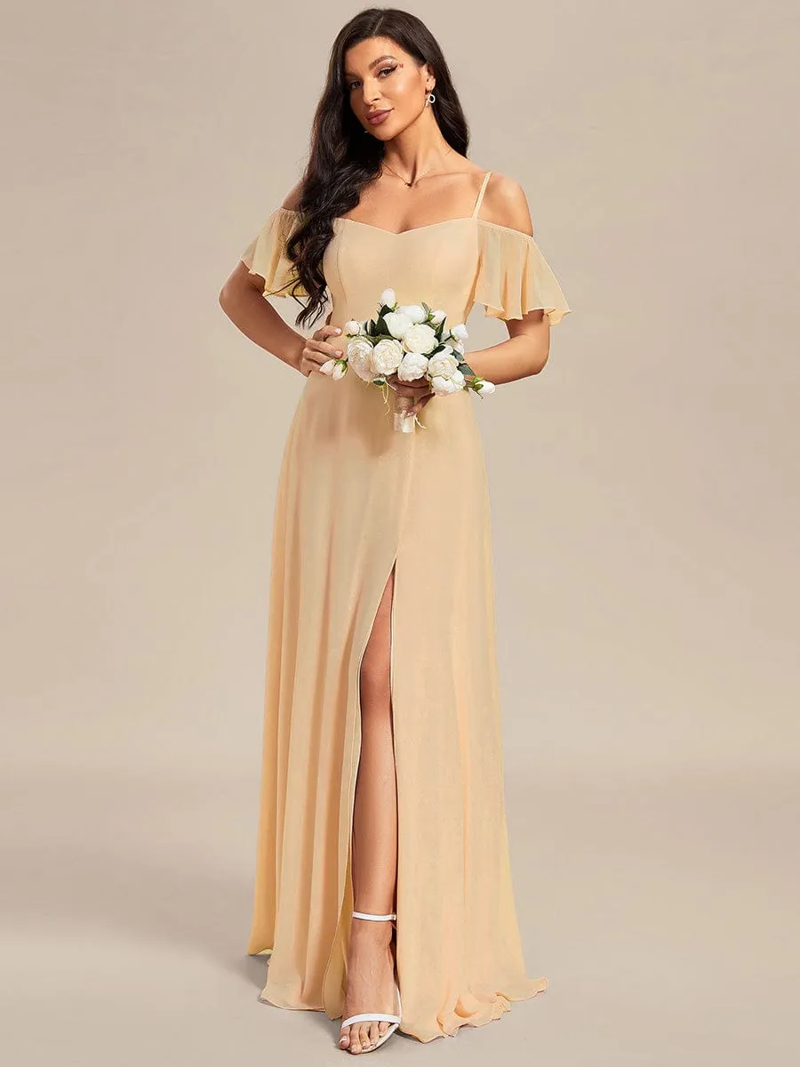 Stylish Cold Shoulder Flare Sleeves Flowy Bridesmaid Dress