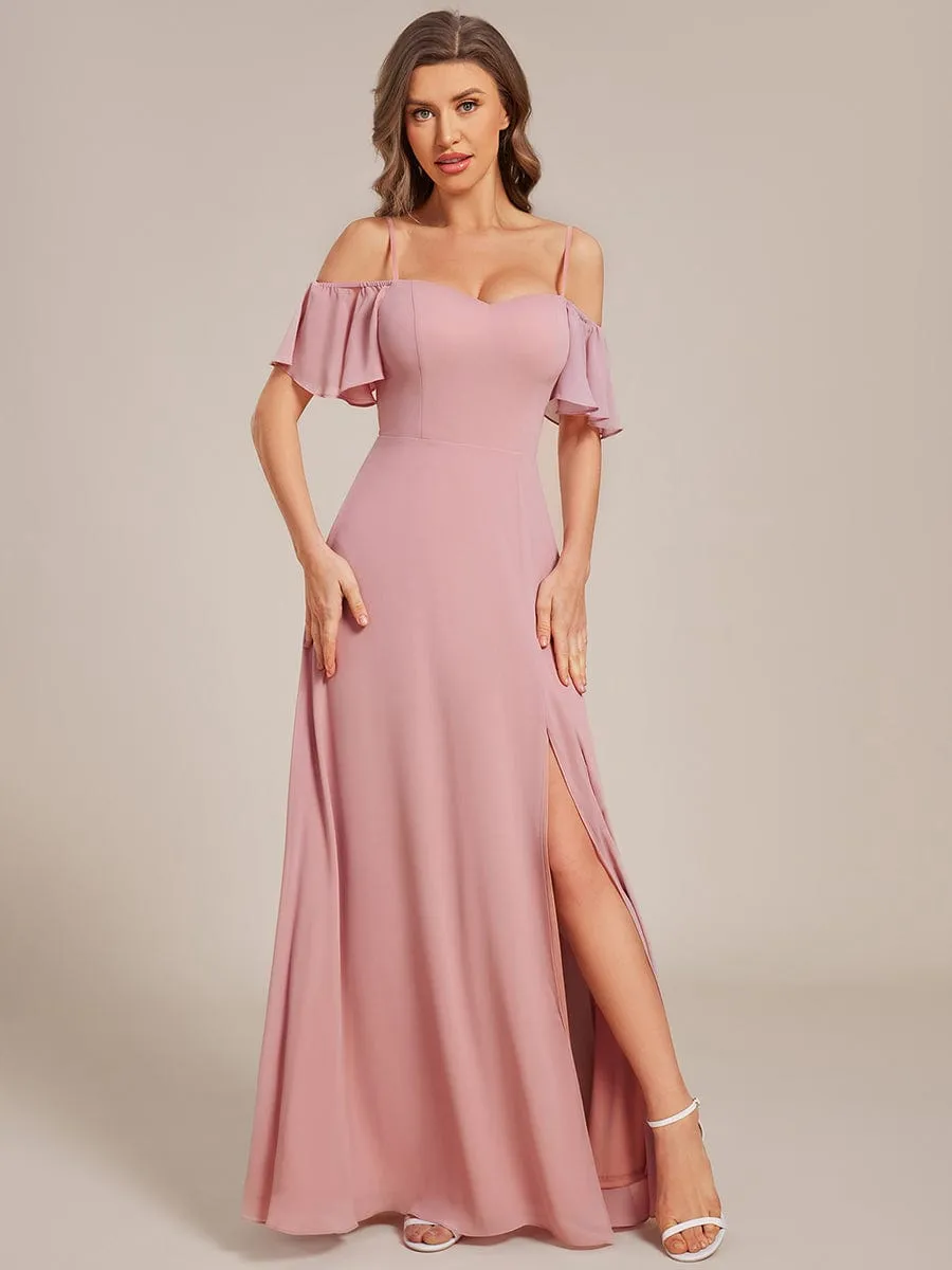 Stylish Cold Shoulder Flare Sleeves Flowy Bridesmaid Dress