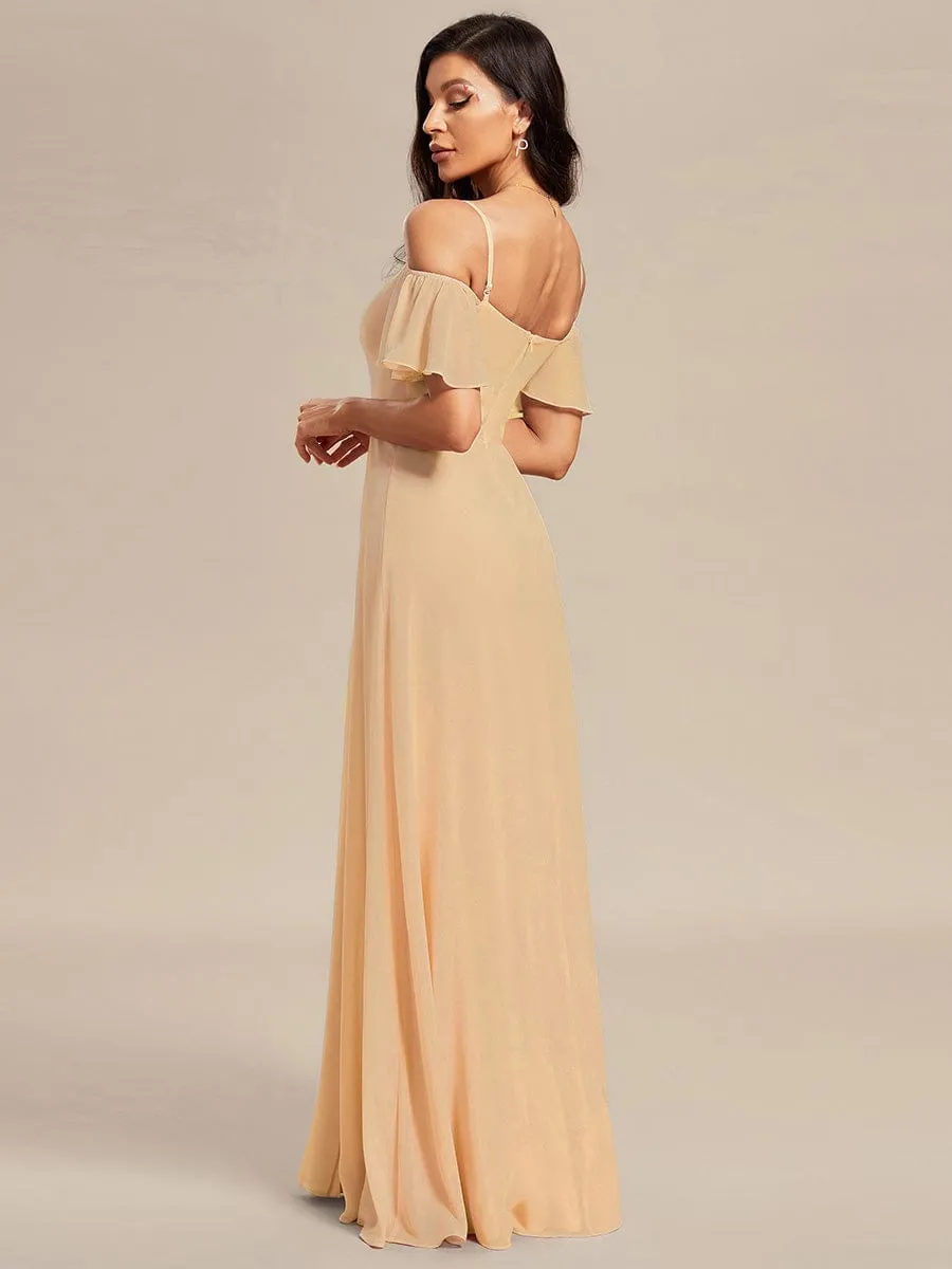 Stylish Cold Shoulder Flare Sleeves Flowy Bridesmaid Dress