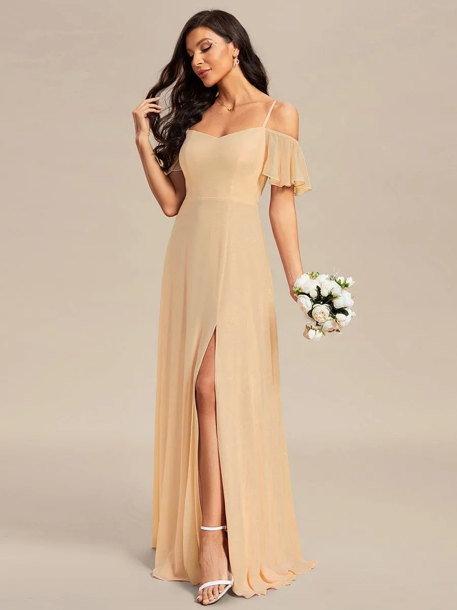 Stylish Cold Shoulder Flare Sleeves Flowy Bridesmaid Dress