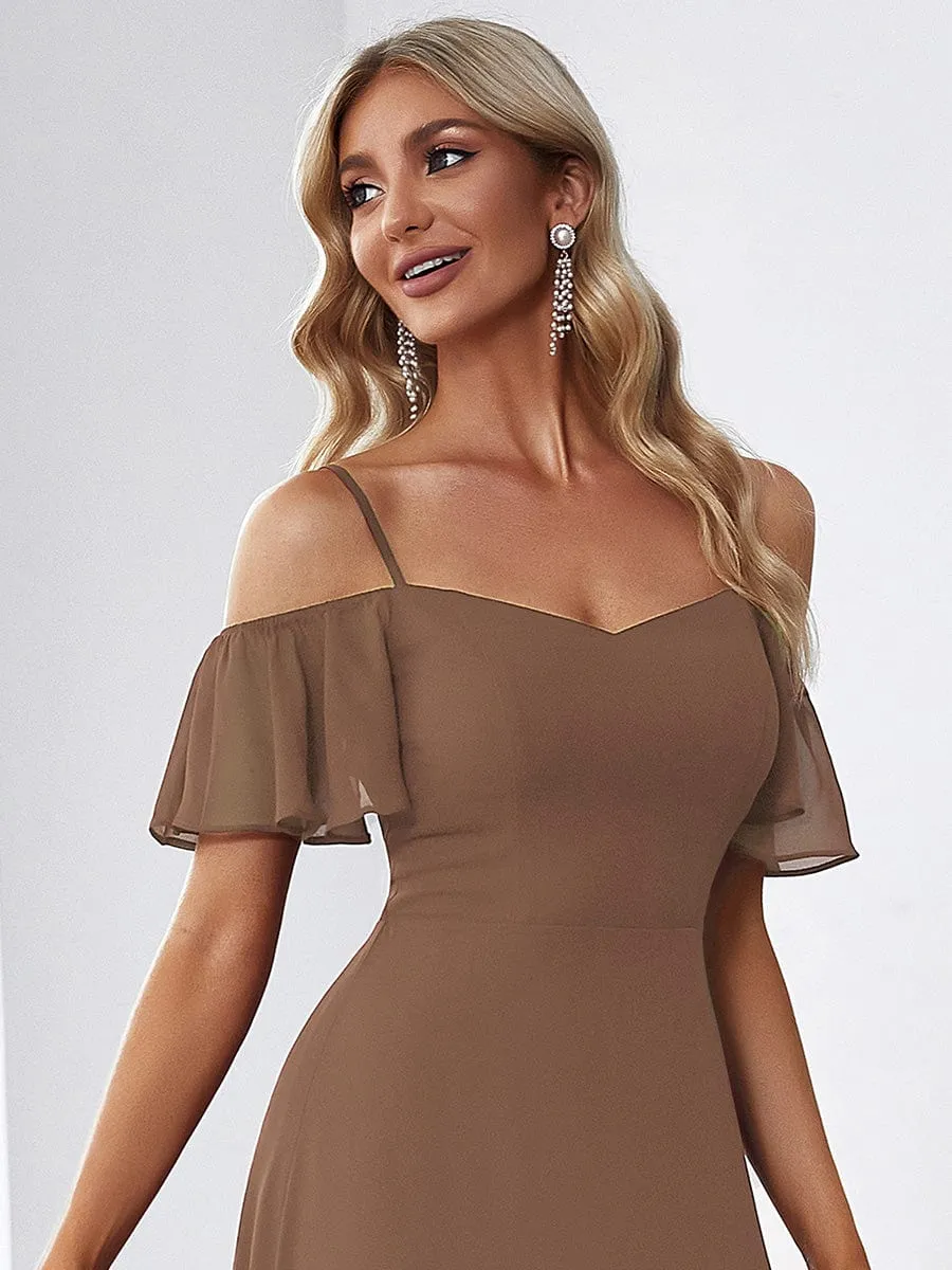 Stylish Cold Shoulder Flare Sleeves Flowy Bridesmaid Dress