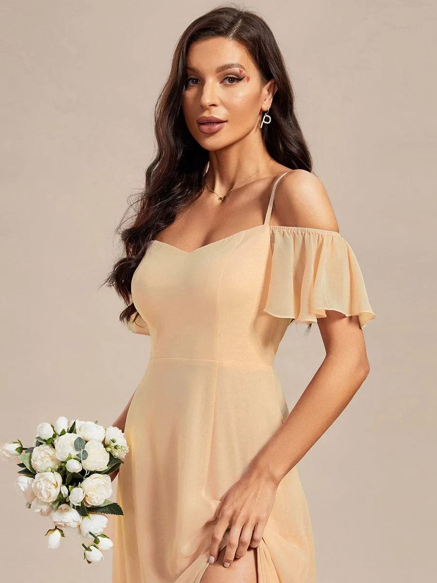 Stylish Cold Shoulder Flare Sleeves Flowy Bridesmaid Dress