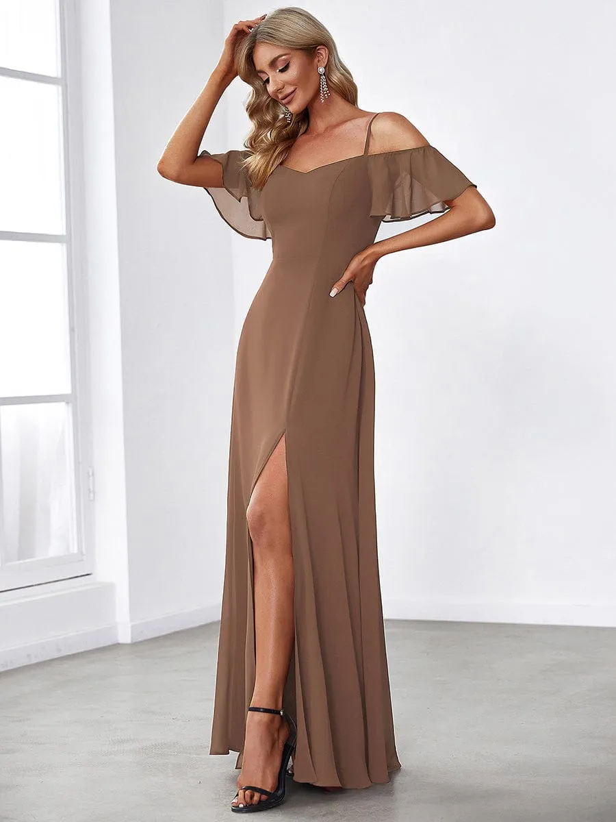 Stylish Cold Shoulder Flare Sleeves Flowy Bridesmaid Dress