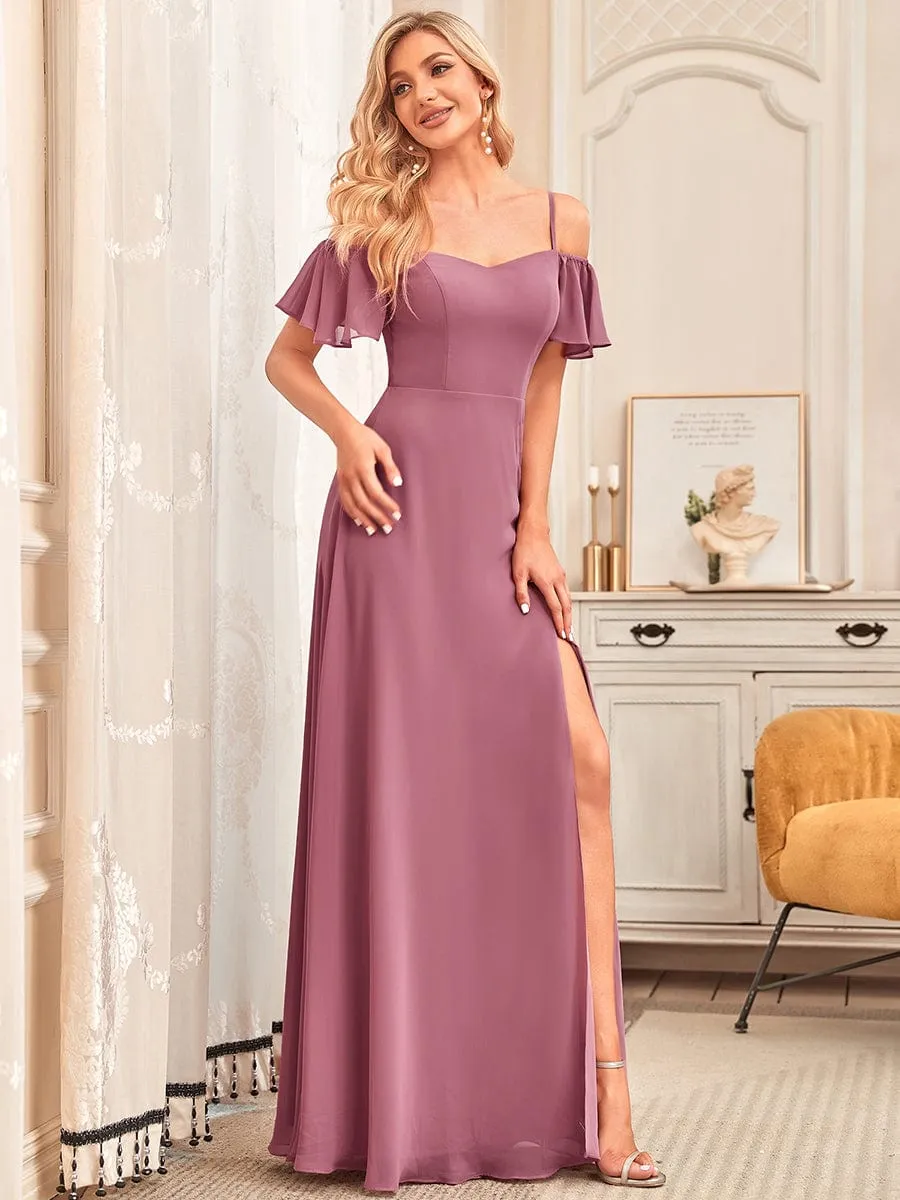 Stylish Cold Shoulder Flare Sleeves Flowy Bridesmaid Dress