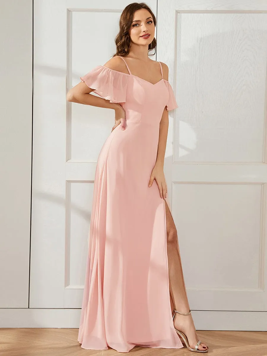 Stylish Cold Shoulder Flare Sleeves Flowy Bridesmaid Dress