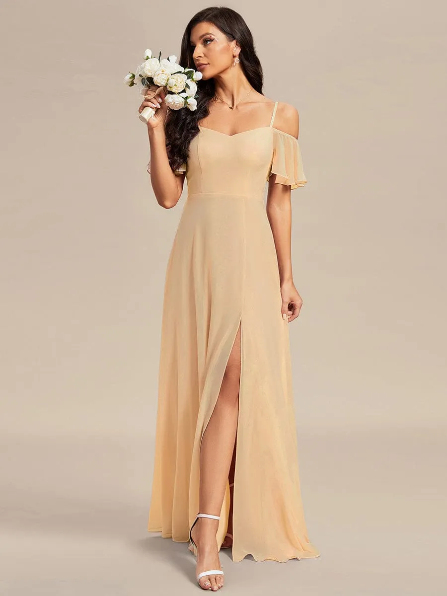 Stylish Cold Shoulder Flare Sleeves Flowy Bridesmaid Dress