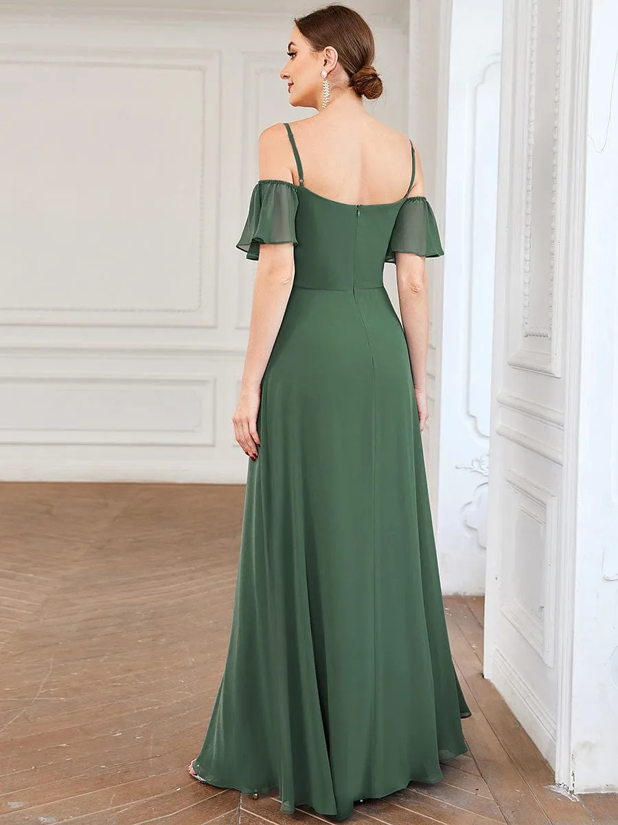 Stylish Cold Shoulder Flare Sleeves Flowy Bridesmaid Dress