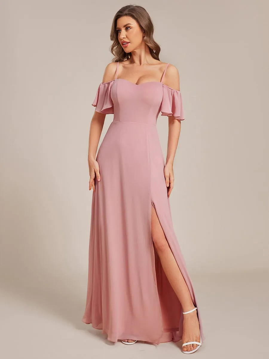 Stylish Cold Shoulder Flare Sleeves Flowy Bridesmaid Dress