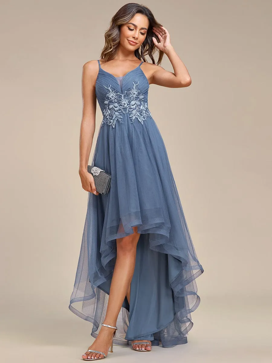 Stylish Floral Embroidered Waist High-Low Prom Dress