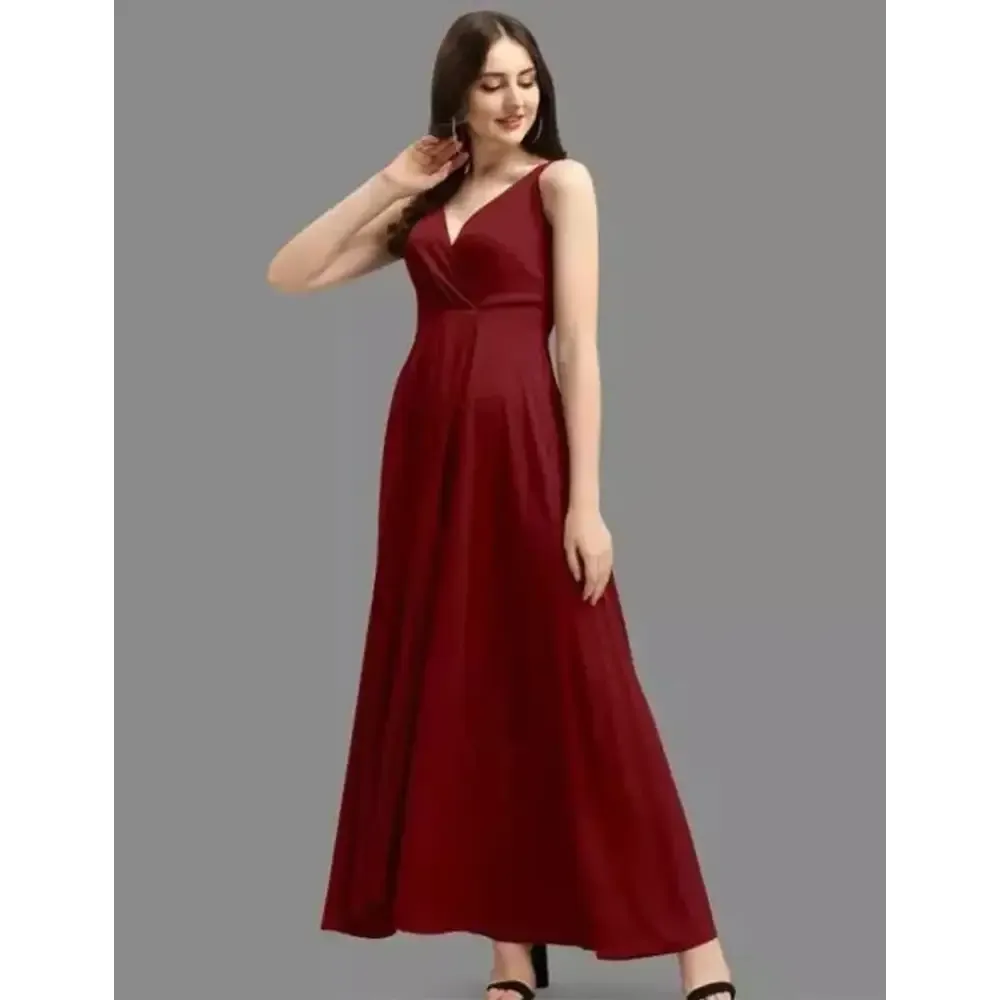 Stylish Red Crepe Solid A-Line Dress For Women