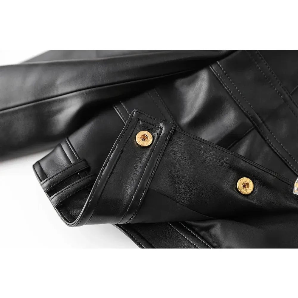 Trendy Black Crop Leather Jacket With Gold Buttons