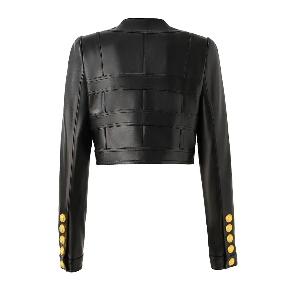 Trendy Black Crop Leather Jacket With Gold Buttons