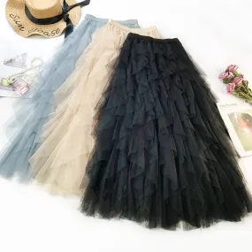 Women Boho Long Skirt High Waist Ruffles Women Beach Skirts Pink Jupe Femme Tulle Skirt Saia Midi Faldas