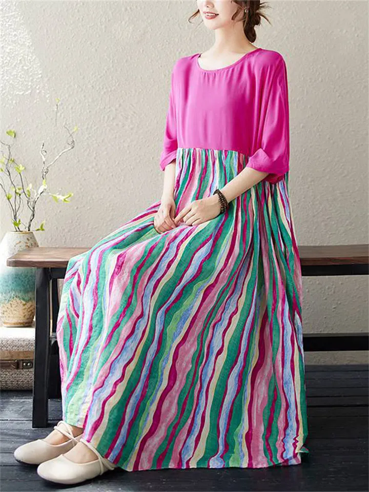 Women's Stylish Colorful Striped Patchwork Rose Red Dress